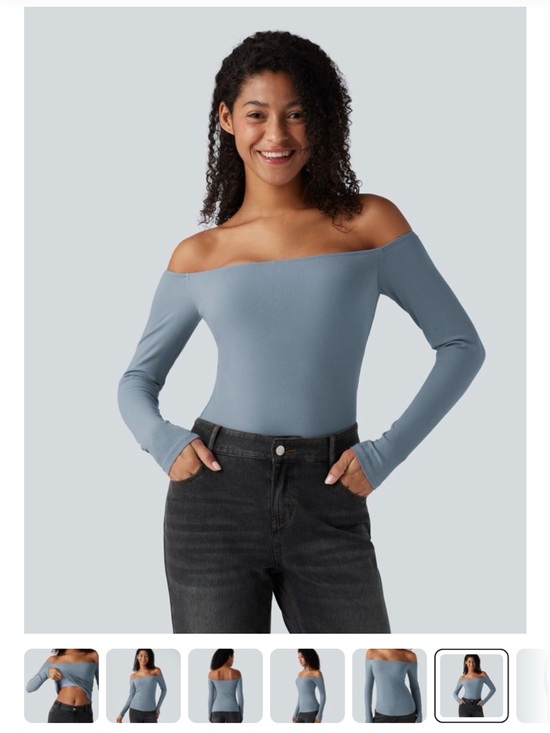 HALARA Tops - Halara Off-Shoulder Ribbed Long-Sleeve Top in Dusty Blue